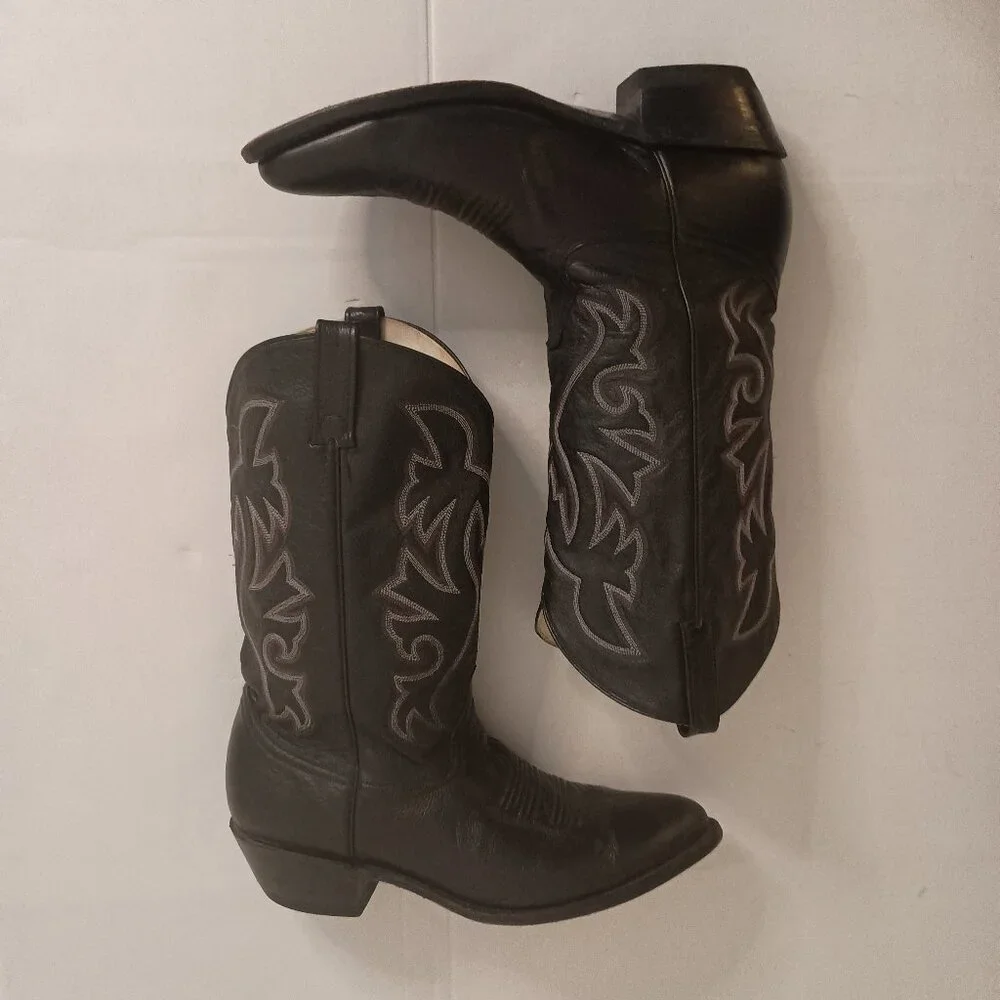 Cowtown Men’s Black Western Cowboy Boots White Embroidery Size 11.5 - Picture 6 of 15